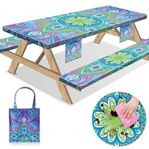 sotue picnic table cover with bench covers 3 piece set elastic fitted rectangle tablecloths camp tables seat cloth polyester oilcloth vinyl clothes for outdoor waterproof camping 72×30 inch green