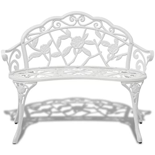 EstaHome Garden Bench | Outdoor 2-Seater Patio Bench | Metal Park Bench | Yard Seating Bench for Deck, Patio, Garden, Backyard, Balcony | White Cast Aluminium with Cast Iron Legs 39 x 21 x 31