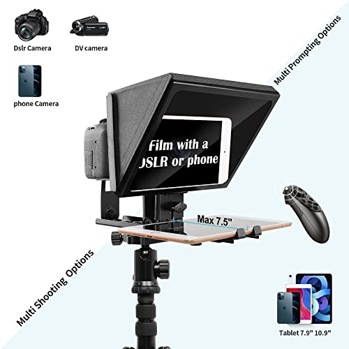 Liftable Teleprompter W/Remote Control and app with Adjustable Tempered Optical Glass Supports Smartphone,DSLR, DV Camcorder Shooting.