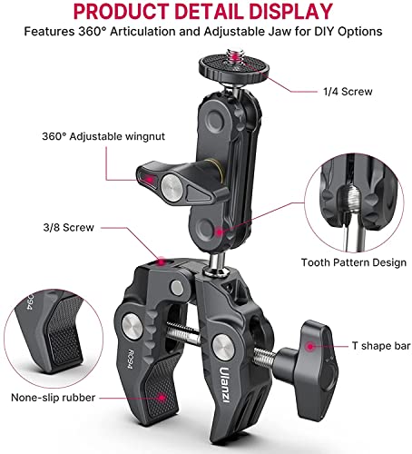 ULANZI Super Clamp Camera Clamp Mount Monitor 360° Ballhead Magic Arm Double Ball Head Adapter with 1/4"-20 & 3/8"-16 Thread ST-07 Phone Tripod Mount