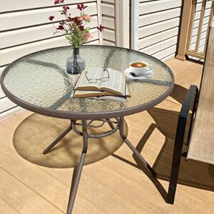 Welnow 35" x 35" Outdoor Bistro Table Metal Round Patio Side Table Outdoor Coffee Table Furniture Garden Backyard Dining Table, W/Elegant Water Ripple Glass Table Top (Brown)