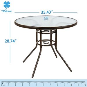 Welnow 35" x 35" Outdoor Bistro Table Metal Round Patio Side Table Outdoor Coffee Table Furniture Garden Backyard Dining Table, W/Elegant Water Ripple Glass Table Top (Brown)