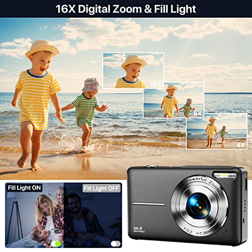 Digital Camera, Kids Camera with 32GB Card FHD 1080P 44MP Vlogging Camera with LCD Screen 16X Zoom Compact Portable Mini Rechargeable Camera Gifts for Students Teens Adults Girls Boys-Black