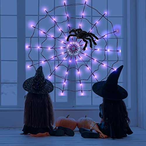 Fcysy Halloween Decorations Spider Web Lights, 70 LED 8 Modes Battery Operated Waterproof Net Purple Lights, Halloween Lights Indoor Outdoor Décor for Home Yard Garden Window Porch