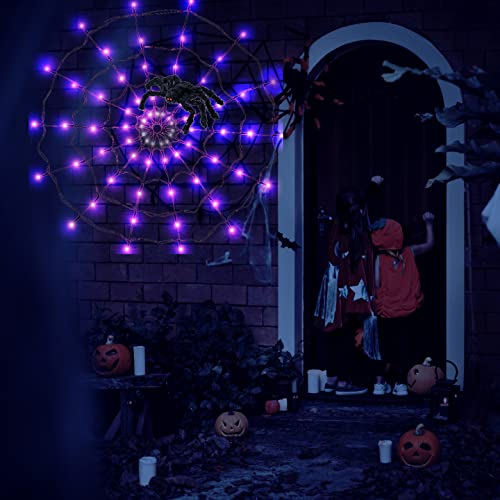 Fcysy Halloween Decorations Spider Web Lights, 70 LED 8 Modes Battery Operated Waterproof Net Purple Lights, Halloween Lights Indoor Outdoor Décor for Home Yard Garden Window Porch