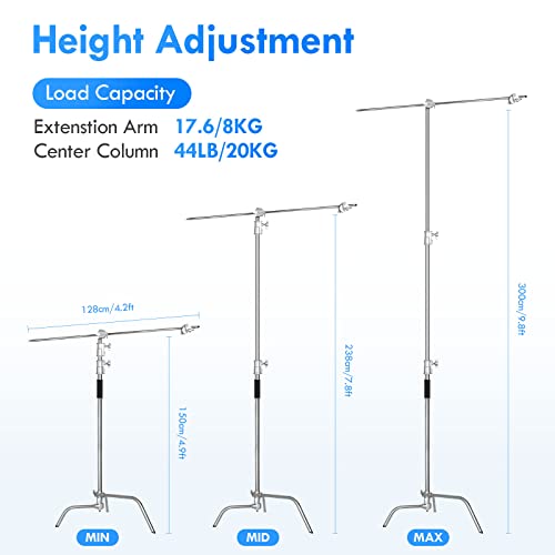 EMART Photography C Stand with Boom Arm, 10ft/300cm Adjustable Heavy Duty Light Cstand with 4.2ft/128cm Holding Arm, 2 Pieces Grip Head for Video Reflector, Moonlight, Softbox