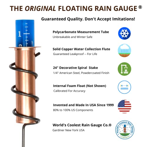 World's Coolest Rain Gauge, Stake, Genuine Copper, Measure, Monitor, Conserve, Precipitation, Easy to Read, Deck, Patio, Garden, Lawn, Unbreakable