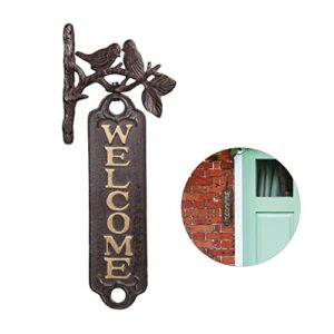 relaxdays, brown door sign birds welcome, decorative cast iron greeting plaque, vintage garden wall décor, 39.5 cm, gold