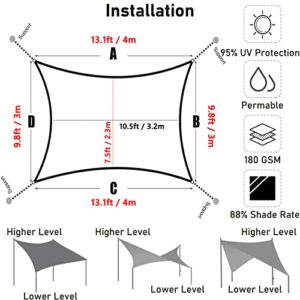 Neween Sun Shade Sail 10' x 13' Rectangle UV Block Sail Shade Canopy Cover, 180 GSM Permeable Outdoor Backyard Shade Sail Pergolas Top Sunshade Cover for Garden Patio Playground, Gray