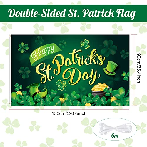 Happy St Patrick's Day Flag 3 x 5 ft Double Sided, Green Shamrocks Leaf Flag Large Fabric Irish Saint Patrick Flag Banner for St Patricks Day Holiday Garden Yard House Decoration Outdoor Indoor