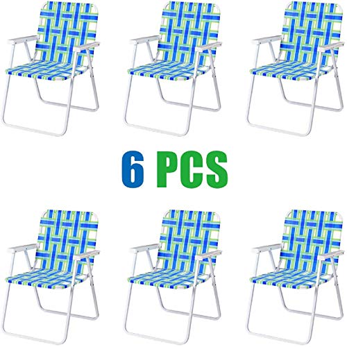 GYMAX Patio Folding Web Chair Set, 6 Pack Portable Lightweight Indoor/Outdoor Dining Chair for Patio, Garden, Bay, Yard, Lawn, Heavy Duty Chair Set (Blue & Green)