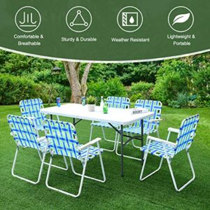 GYMAX Patio Folding Web Chair Set, 6 Pack Portable Lightweight Indoor/Outdoor Dining Chair for Patio, Garden, Bay, Yard, Lawn, Heavy Duty Chair Set (Blue & Green)