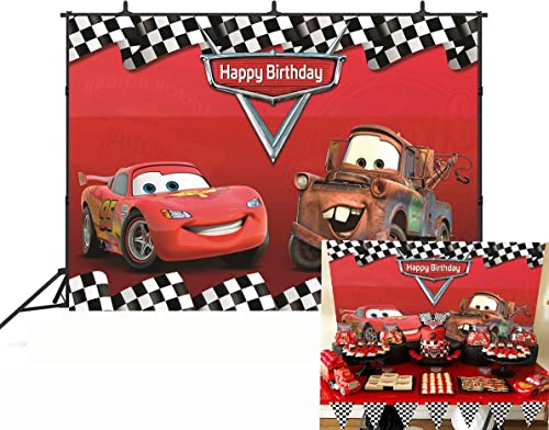 Botong 7x5ft Cartoon Car Birthday Party Themed Backdrops Car Racing Story Black White Grid Red Photo Backgrounds for Photography Birthday Party Banner