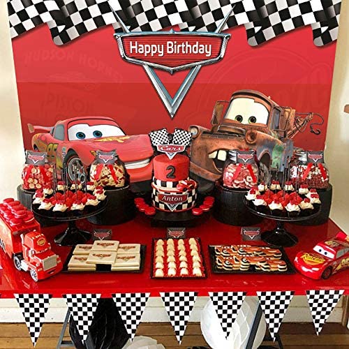 Botong 7x5ft Cartoon Car Birthday Party Themed Backdrops Car Racing Story Black White Grid Red Photo Backgrounds for Photography Birthday Party Banner