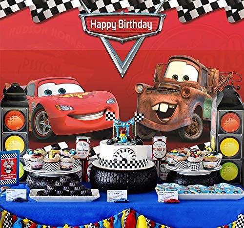 Botong 7x5ft Cartoon Car Birthday Party Themed Backdrops Car Racing Story Black White Grid Red Photo Backgrounds for Photography Birthday Party Banner