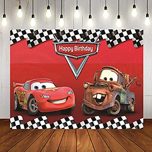 Botong 7x5ft Cartoon Car Birthday Party Themed Backdrops Car Racing Story Black White Grid Red Photo Backgrounds for Photography Birthday Party Banner