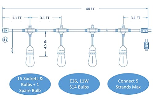 SFEG E26 Outdoor String Lights - 11W Warm White Incandescent Edison Bulb String Lights for Outside & Indoor - Dimmable Hanging Decorative Lights for Patio, Backyard, Garden, Porch, Wedding - 48-ft.