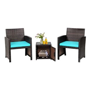 tangkula 3 pieces outdoor wicker bistro set with waterproof cover, 2 patio pe rattan cushioned chairs with side storage table, suitable for front porch, balcony, garden, poolside and yard (turquoise)