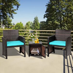 Tangkula 3 Pieces Outdoor Wicker Bistro Set with Waterproof Cover, 2 Patio PE Rattan Cushioned Chairs with Side Storage Table, Suitable for Front Porch, Balcony, Garden, Poolside and Yard (Turquoise)