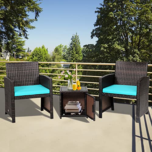 Tangkula 3 Pieces Outdoor Wicker Bistro Set with Waterproof Cover, 2 Patio PE Rattan Cushioned Chairs with Side Storage Table, Suitable for Front Porch, Balcony, Garden, Poolside and Yard (Turquoise)