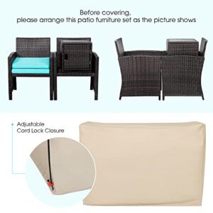 Tangkula 3 Pieces Outdoor Wicker Bistro Set with Waterproof Cover, 2 Patio PE Rattan Cushioned Chairs with Side Storage Table, Suitable for Front Porch, Balcony, Garden, Poolside and Yard (Turquoise)