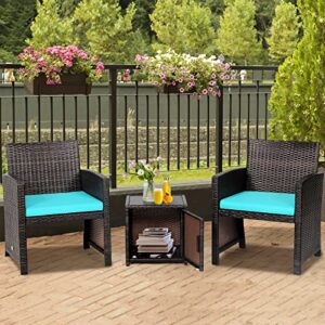 Tangkula 3 Pieces Outdoor Wicker Bistro Set with Waterproof Cover, 2 Patio PE Rattan Cushioned Chairs with Side Storage Table, Suitable for Front Porch, Balcony, Garden, Poolside and Yard (Turquoise)