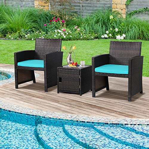 Tangkula 3 Pieces Outdoor Wicker Bistro Set with Waterproof Cover, 2 Patio PE Rattan Cushioned Chairs with Side Storage Table, Suitable for Front Porch, Balcony, Garden, Poolside and Yard (Turquoise)
