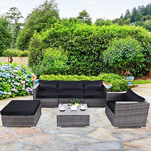 Tangkula Patio Furniture Set 6 Piece Outdoor Lawn Backyard Poolside All Weather PE Wicker Rattan Steel Frame Sectional Cushioned Seat Sofa Conversation Set (Gradient Gray with Black Cushion Cover)