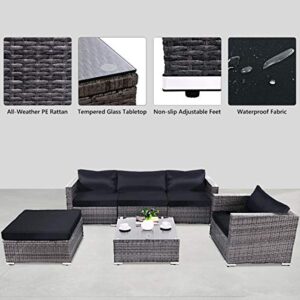 Tangkula Patio Furniture Set 6 Piece Outdoor Lawn Backyard Poolside All Weather PE Wicker Rattan Steel Frame Sectional Cushioned Seat Sofa Conversation Set (Gradient Gray with Black Cushion Cover)