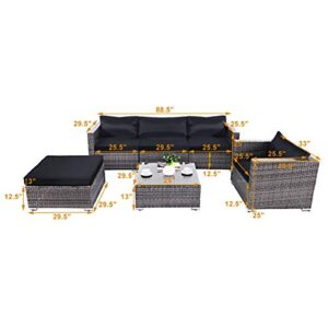 Tangkula Patio Furniture Set 6 Piece Outdoor Lawn Backyard Poolside All Weather PE Wicker Rattan Steel Frame Sectional Cushioned Seat Sofa Conversation Set (Gradient Gray with Black Cushion Cover)