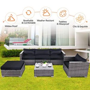 Tangkula Patio Furniture Set 6 Piece Outdoor Lawn Backyard Poolside All Weather PE Wicker Rattan Steel Frame Sectional Cushioned Seat Sofa Conversation Set (Gradient Gray with Black Cushion Cover)