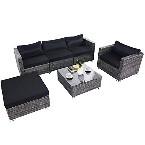 Tangkula Patio Furniture Set 6 Piece Outdoor Lawn Backyard Poolside All Weather PE Wicker Rattan Steel Frame Sectional Cushioned Seat Sofa Conversation Set (Gradient Gray with Black Cushion Cover)