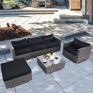 Tangkula Patio Furniture Set 6 Piece Outdoor Lawn Backyard Poolside All Weather PE Wicker Rattan Steel Frame Sectional Cushioned Seat Sofa Conversation Set (Gradient Gray with Black Cushion Cover)