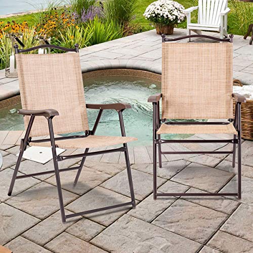 Giantex Set of 2 Patio Folding Chairs, Sling Chairs, Indoor Outdoor Lawn Chairs, Camping Garden Pool Beach Yard Lounge Chairs w/Armrest, Patio Dining Chairs, Metal Frame No Assembly, Yellow