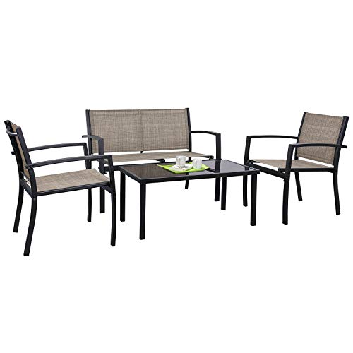 Tuoze 4 Pieces Outdoor Patio Furniture Set Conversation Set with Glass Coffee Table Bistro Set with Loveseat Garden Yard Lawn and Balcony (Brown)