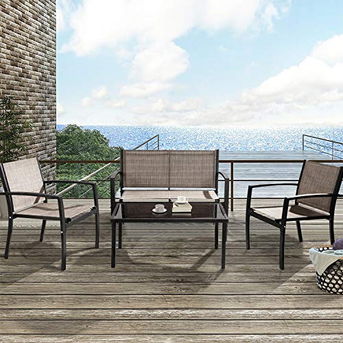 Tuoze 4 Pieces Outdoor Patio Furniture Set Conversation Set with Glass Coffee Table Bistro Set with Loveseat Garden Yard Lawn and Balcony (Brown)
