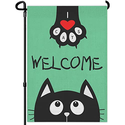 HOSNYE Welcome Black Cartoon Cat Burlap Garden Flag Double Sided Black Cat Paw Print with Red Hearts Garden Flags 12x18 inch for Yard Outdoor Decor