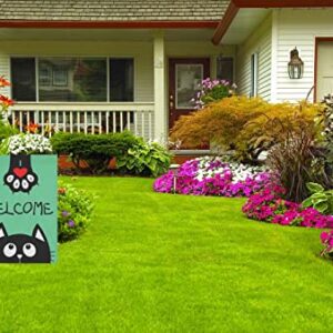 HOSNYE Welcome Black Cartoon Cat Burlap Garden Flag Double Sided Black Cat Paw Print with Red Hearts Garden Flags 12x18 inch for Yard Outdoor Decor