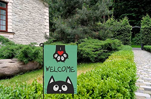 HOSNYE Welcome Black Cartoon Cat Burlap Garden Flag Double Sided Black Cat Paw Print with Red Hearts Garden Flags 12x18 inch for Yard Outdoor Decor