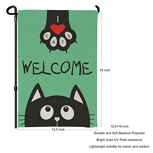 HOSNYE Welcome Black Cartoon Cat Burlap Garden Flag Double Sided Black Cat Paw Print with Red Hearts Garden Flags 12x18 inch for Yard Outdoor Decor