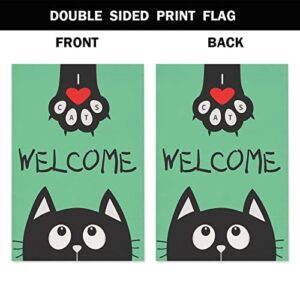 HOSNYE Welcome Black Cartoon Cat Burlap Garden Flag Double Sided Black Cat Paw Print with Red Hearts Garden Flags 12x18 inch for Yard Outdoor Decor