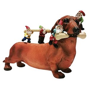 dog eating bones gnome dwarf statues decoration,funny and cute dachshund dog gnome sculpture art décor,resin statue garden gardening decorations for outdoor home patio yard lawn porch (brown)