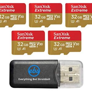 32GB SanDisk Extreme (Five Pack) 4K Micro Memory Card (SDSQXAF-032G-GN6MN) UHD Video Speed 30 UHS-1 V30 32G MicroSD HC Bundle with (1) Everything But Stromboli Card Reader