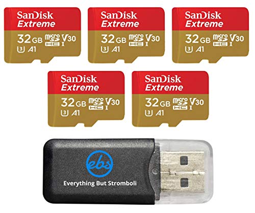 32GB SanDisk Extreme (Five Pack) 4K Micro Memory Card (SDSQXAF-032G-GN6MN) UHD Video Speed 30 UHS-1 V30 32G MicroSD HC Bundle with (1) Everything But Stromboli Card Reader