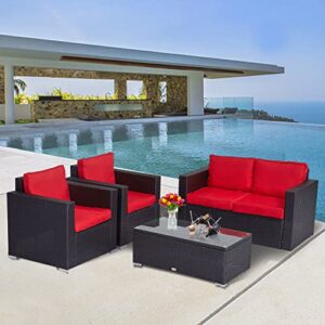 kinbor outdoor furniture – 4 piece wicker patio furniture set, outdoor patio conversation furniture sets, outdoor patio sectional sofa couch for deck balcony yard poolside, red