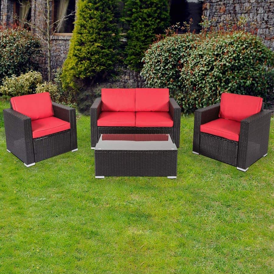 kinbor Outdoor Furniture - 4 Piece Wicker Patio Furniture Set, Outdoor Patio Conversation Furniture Sets, Outdoor Patio Sectional Sofa Couch for Deck Balcony Yard Poolside, Red