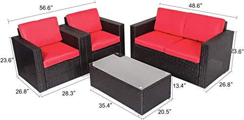 kinbor Outdoor Furniture - 4 Piece Wicker Patio Furniture Set, Outdoor Patio Conversation Furniture Sets, Outdoor Patio Sectional Sofa Couch for Deck Balcony Yard Poolside, Red