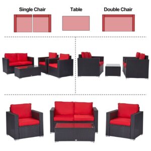 kinbor Outdoor Furniture - 4 Piece Wicker Patio Furniture Set, Outdoor Patio Conversation Furniture Sets, Outdoor Patio Sectional Sofa Couch for Deck Balcony Yard Poolside, Red