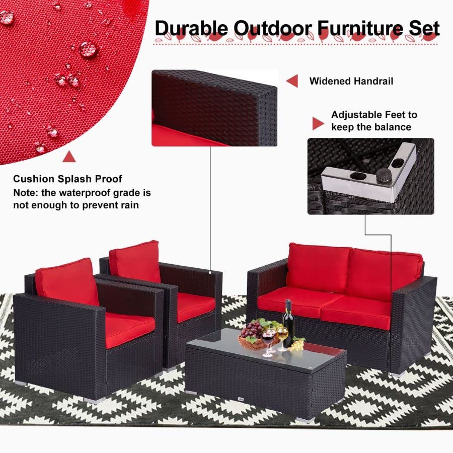 kinbor Outdoor Furniture - 4 Piece Wicker Patio Furniture Set, Outdoor Patio Conversation Furniture Sets, Outdoor Patio Sectional Sofa Couch for Deck Balcony Yard Poolside, Red