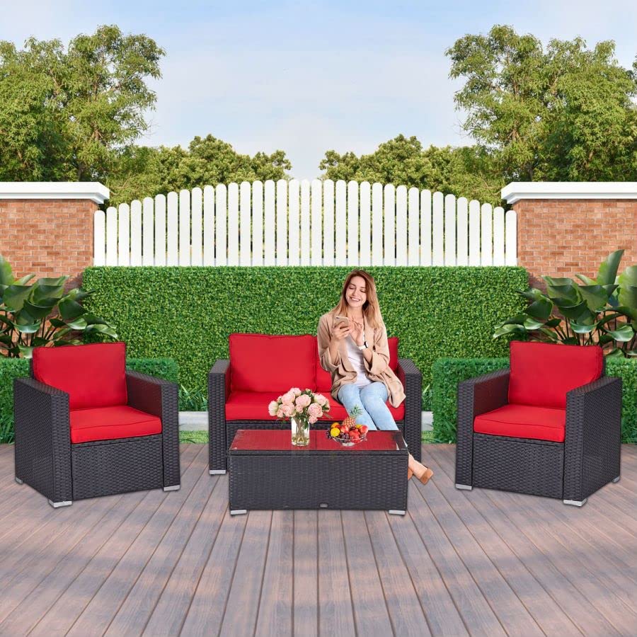 kinbor Outdoor Furniture - 4 Piece Wicker Patio Furniture Set, Outdoor Patio Conversation Furniture Sets, Outdoor Patio Sectional Sofa Couch for Deck Balcony Yard Poolside, Red